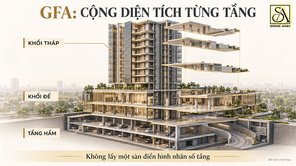Minh họa cách tổng hợp GFA từ diện tích các tầng tháp, khối đế và tầng hầm